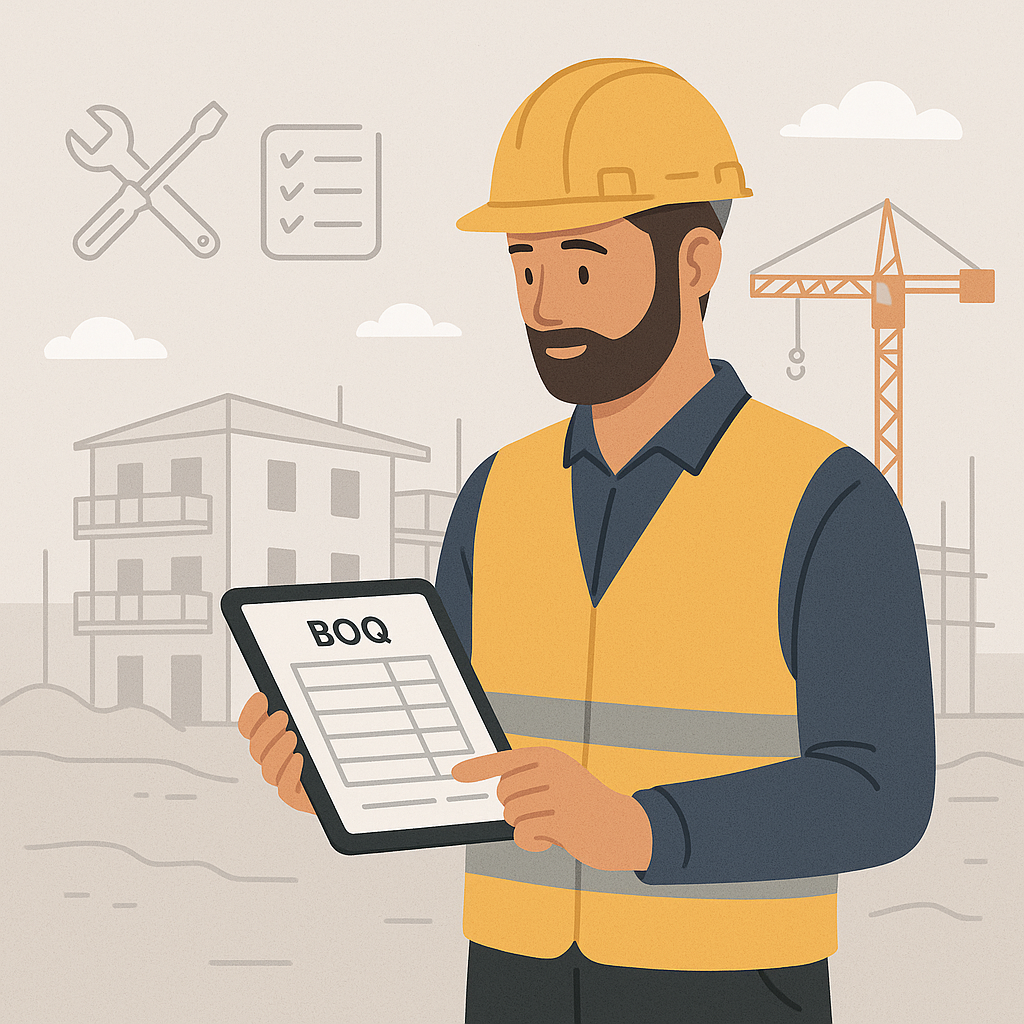Illustration of a contractor holding a tablet with BOQ details, standing on a construction site, with tools and checklis...