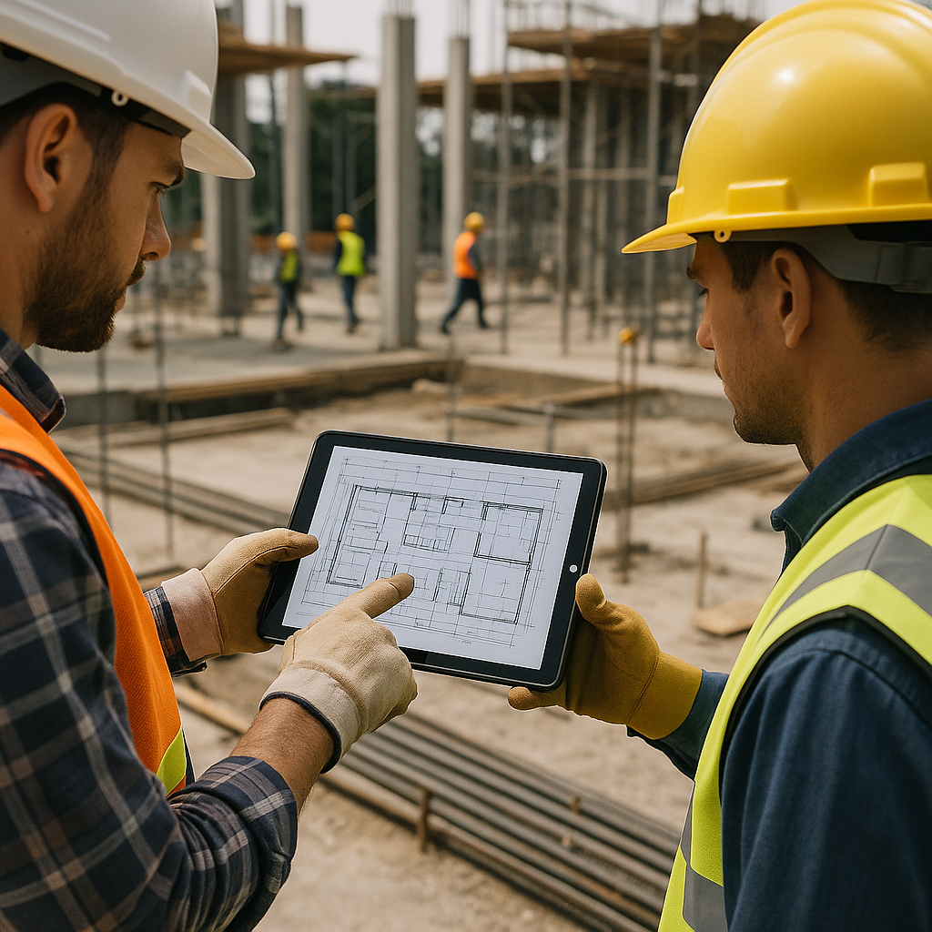 A construction project site with workers reviewing digital blueprints on a tablet, emphasizing technology and organizati...