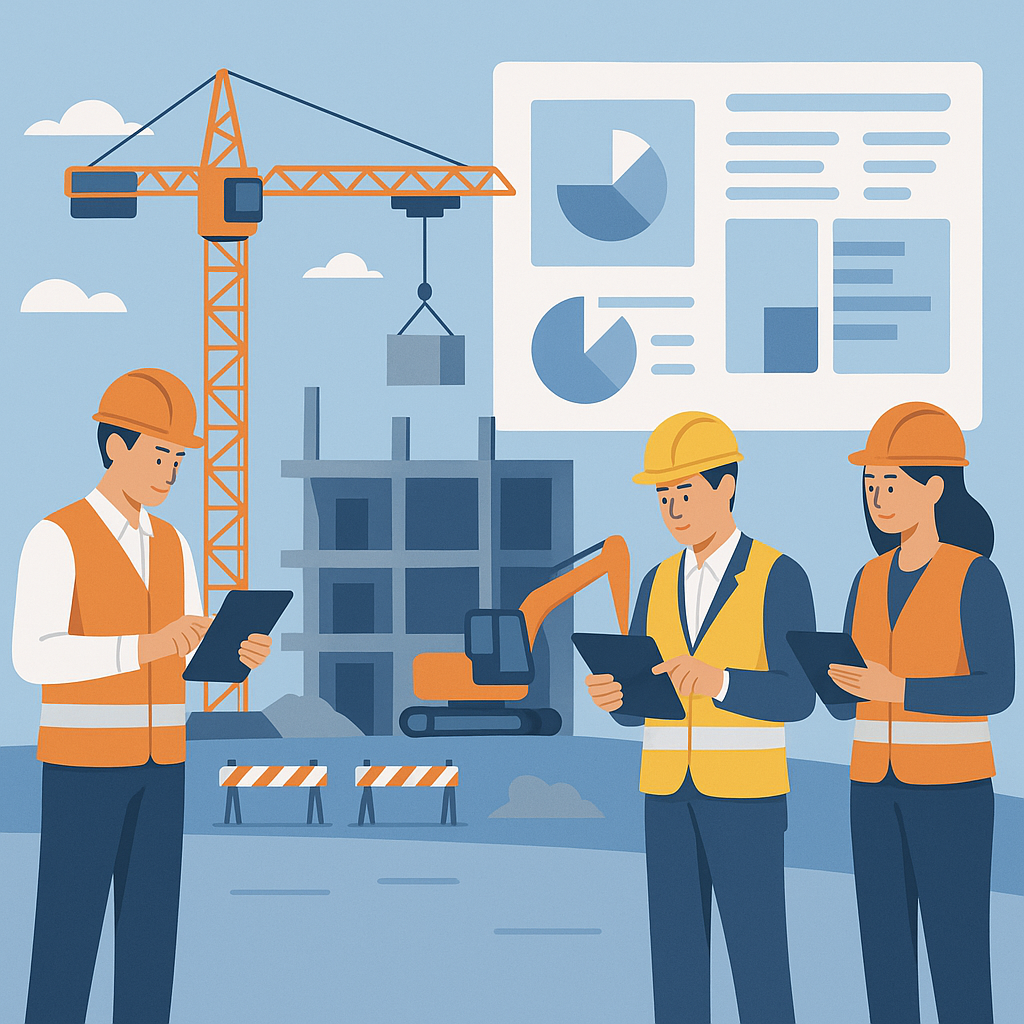 A detailed illustration showing a small construction site with engineers using tablets and dashboards in the background,...