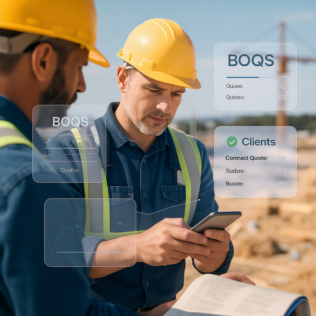 A construction site with a contractor using a mobile app to generate quotes, surrounded by digital overlays showing BOQs...