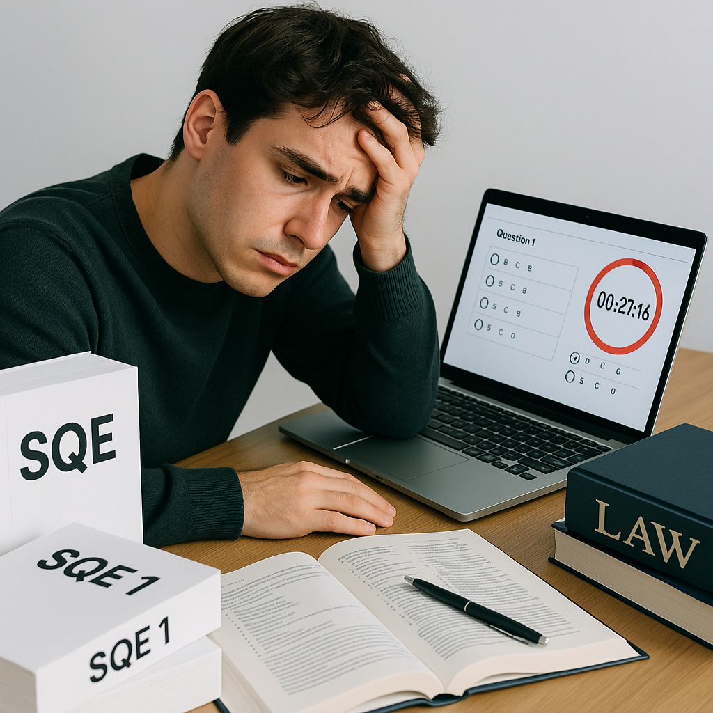 A stressed law student at a desk, surrounded by SQE1 study materials, reviewing multiple-choice questions on a laptop sc...