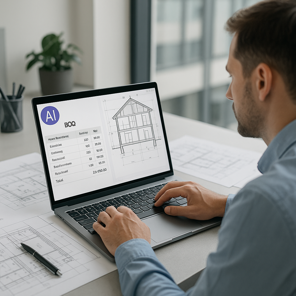 A construction estimator using AI-powered software on a laptop, with a BOQ document and architectural drawings visible o...