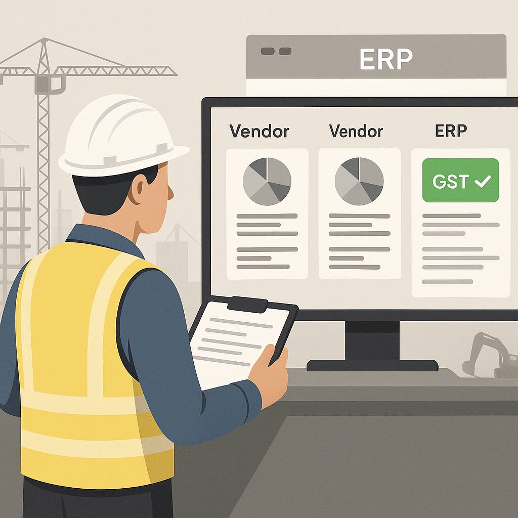 A visual representation of a construction site manager reviewing vendor dashboards on an ERP system, with GST compliance...