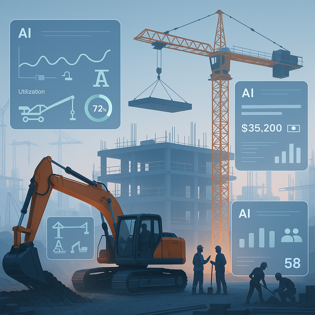 A futuristic construction site with AI-powered dashboards overlaying live data on equipment, billing, and workforce in a...