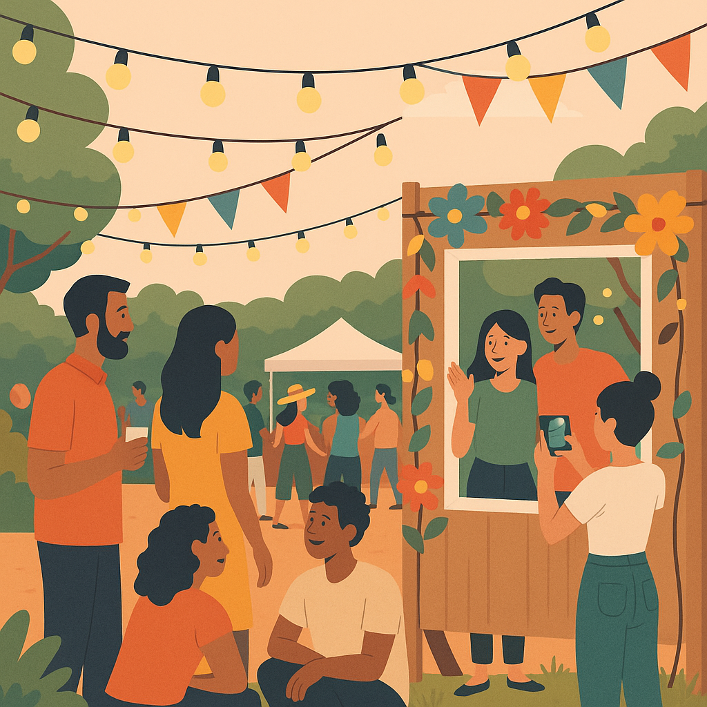 A vibrant community event scene: attendees enjoying an outdoor festival with simple but creative DIY decorations, like s...
