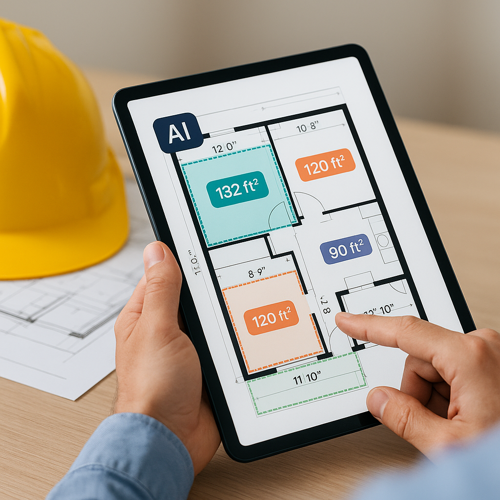 An estimator working on a tablet with AI-powered software overlayed on a construction PDF, highlighting room areas and w...