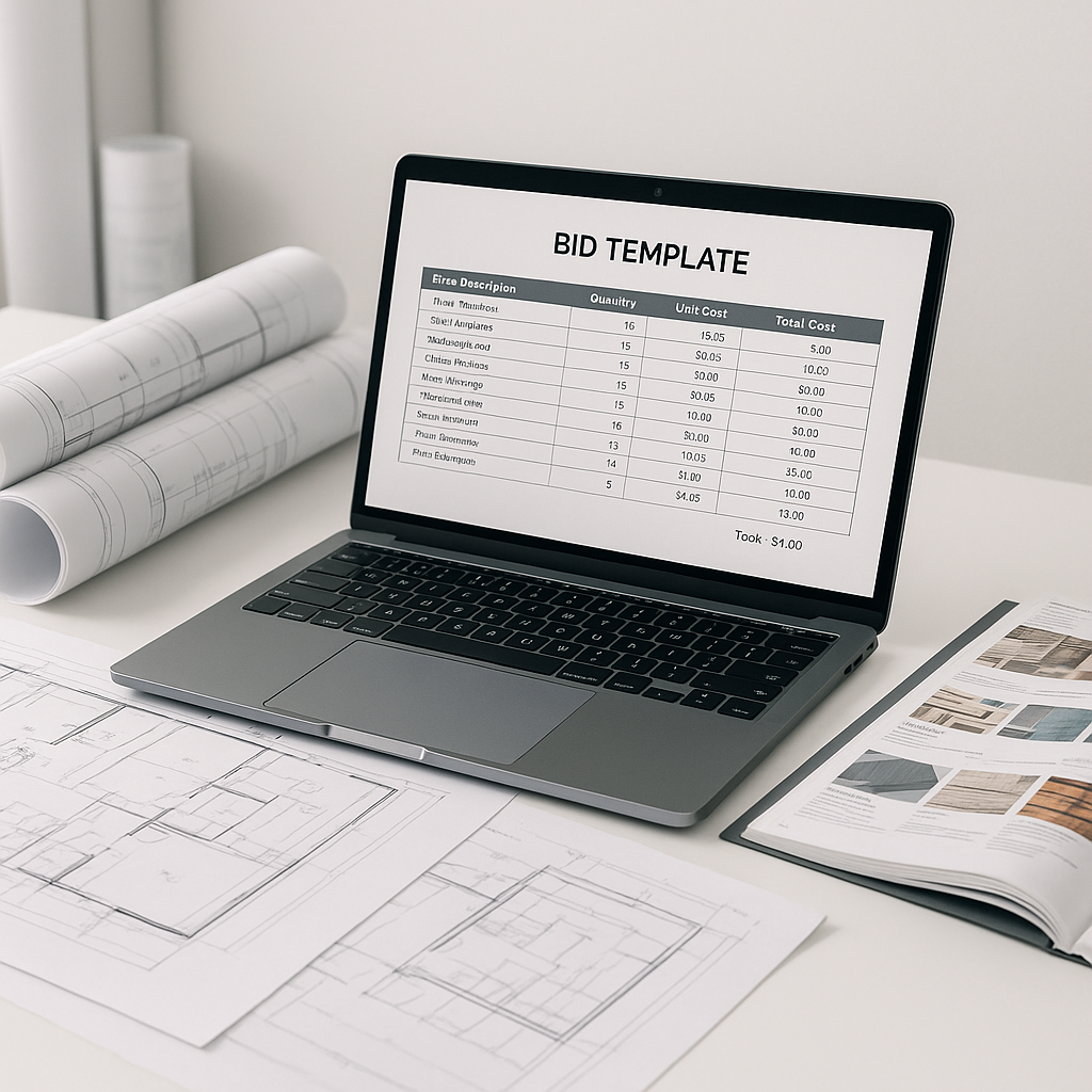 A construction estimator's workstation showing a digital bid template on a laptop, surrounded by blueprints and catalogs...