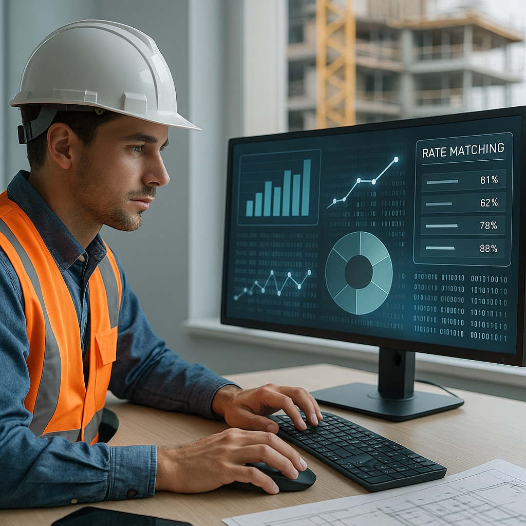A realistic depiction of a construction estimator at a workstation using AI-powered software, with digital overlays show...