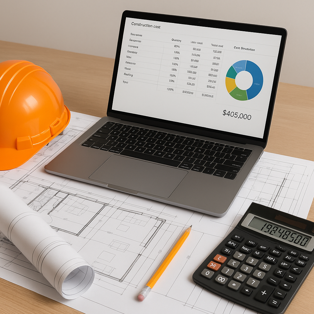 An AI-generated image showing a contractor's desk with blueprints, a calculator, and a laptop displaying construction co...