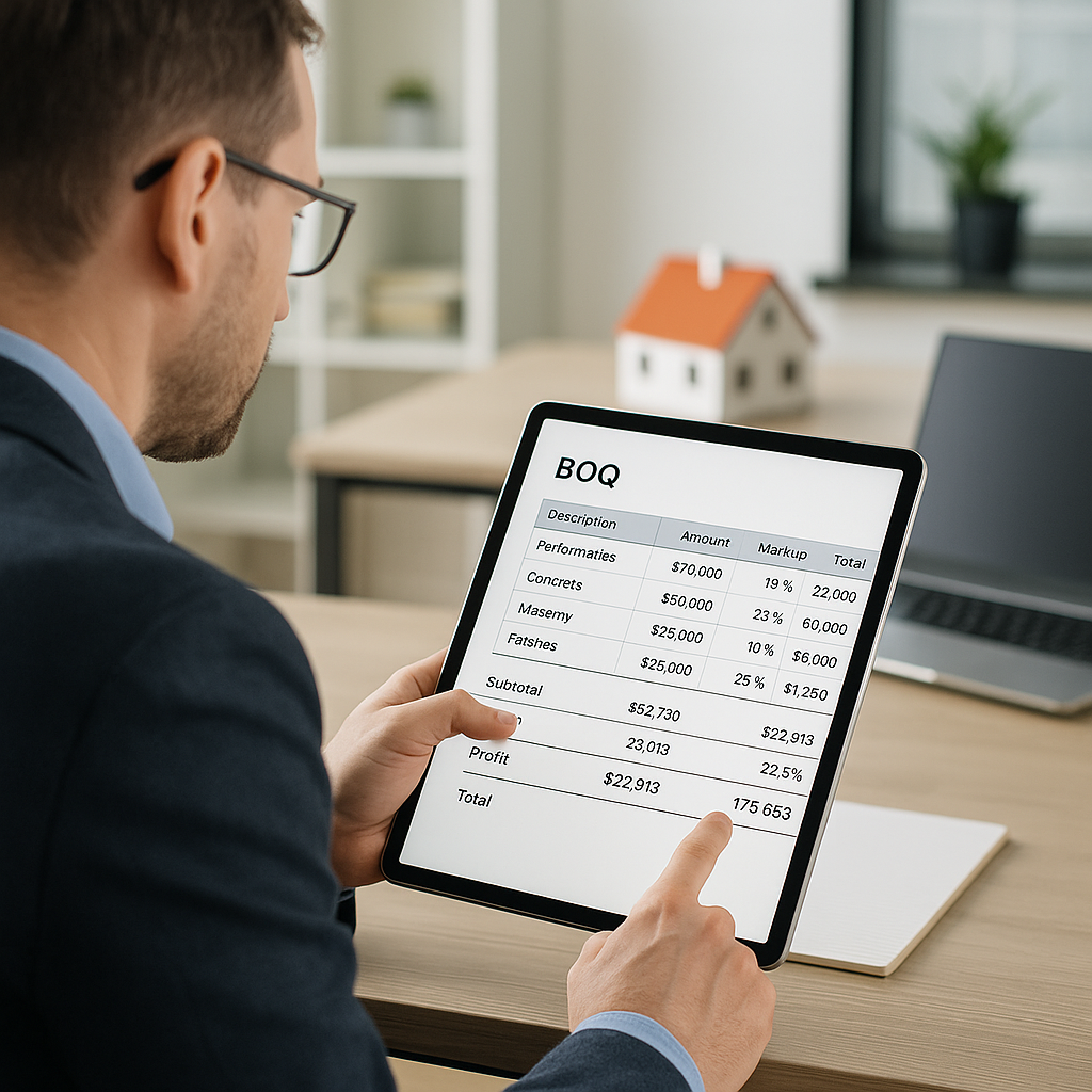 A construction estimator reviewing a digital BOQ on a tablet, showing markup percentages and profit calculations, in a m...