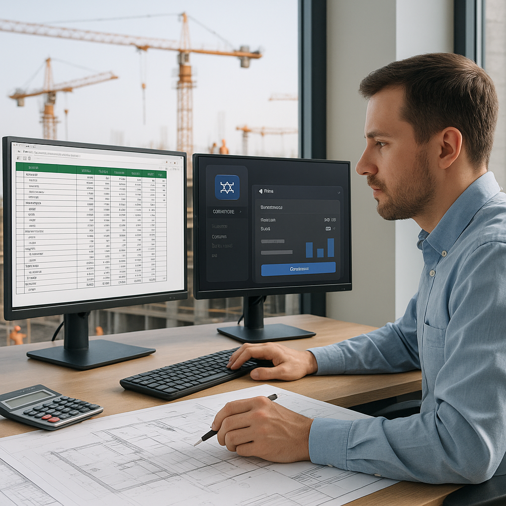 An AI-rendered image showing a construction estimator at work, with spreadsheets, blueprints, and an AI tool interface s...