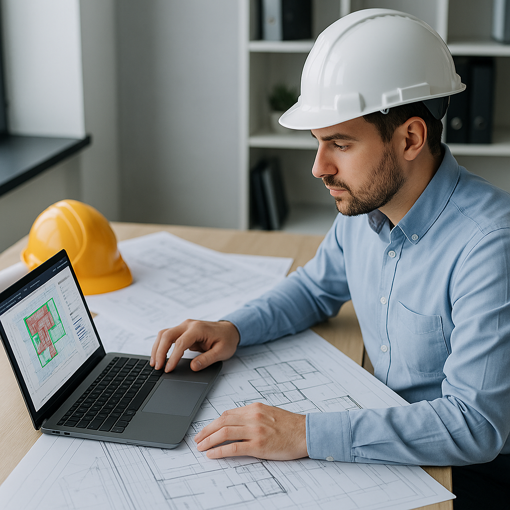 A construction estimator reviewing AI-powered takeoffs on a laptop, surrounded by blueprints and site drawings in a mode...