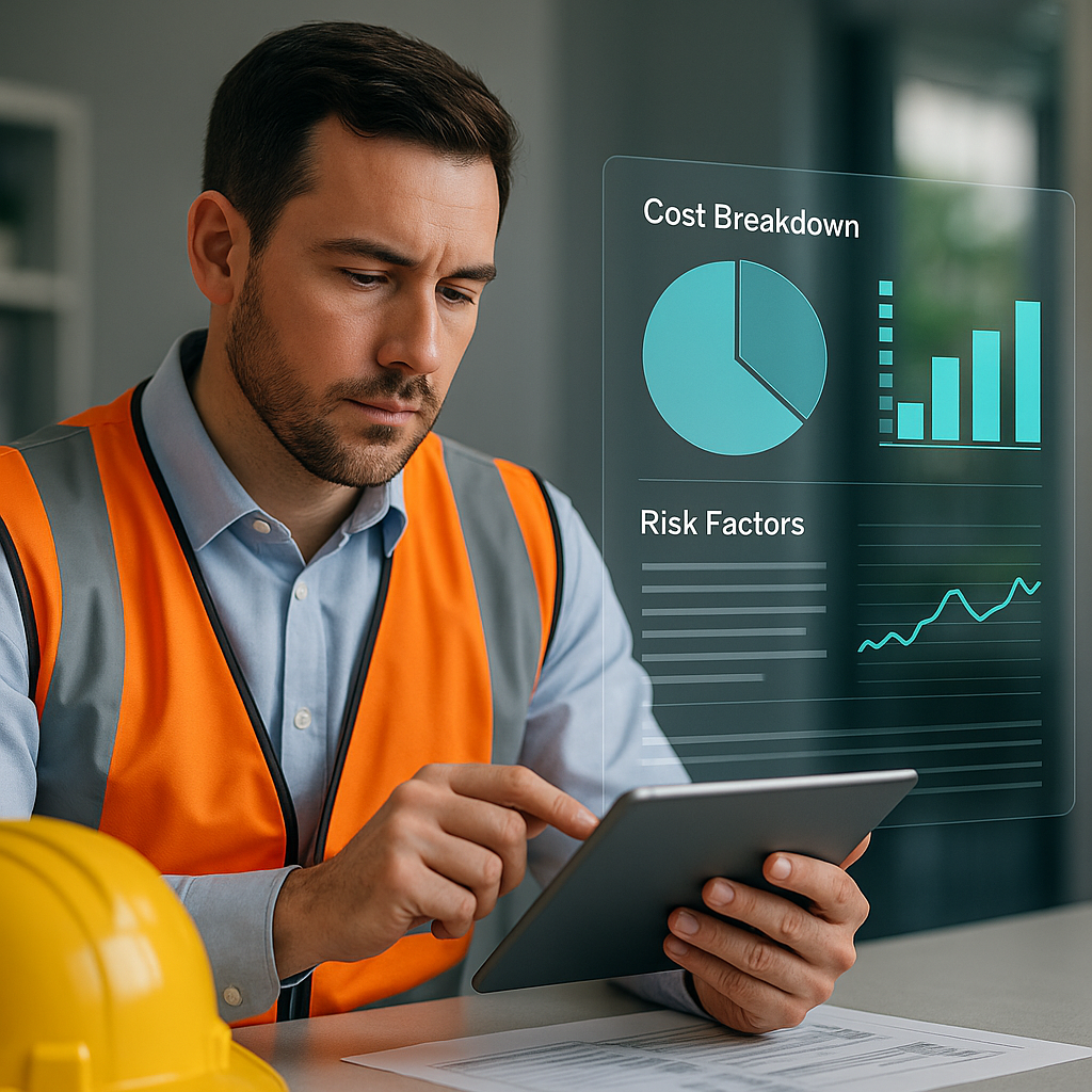 A construction estimator reviewing subcontractor quotes on a tablet, with AI-powered data visualizations overlaying cost...