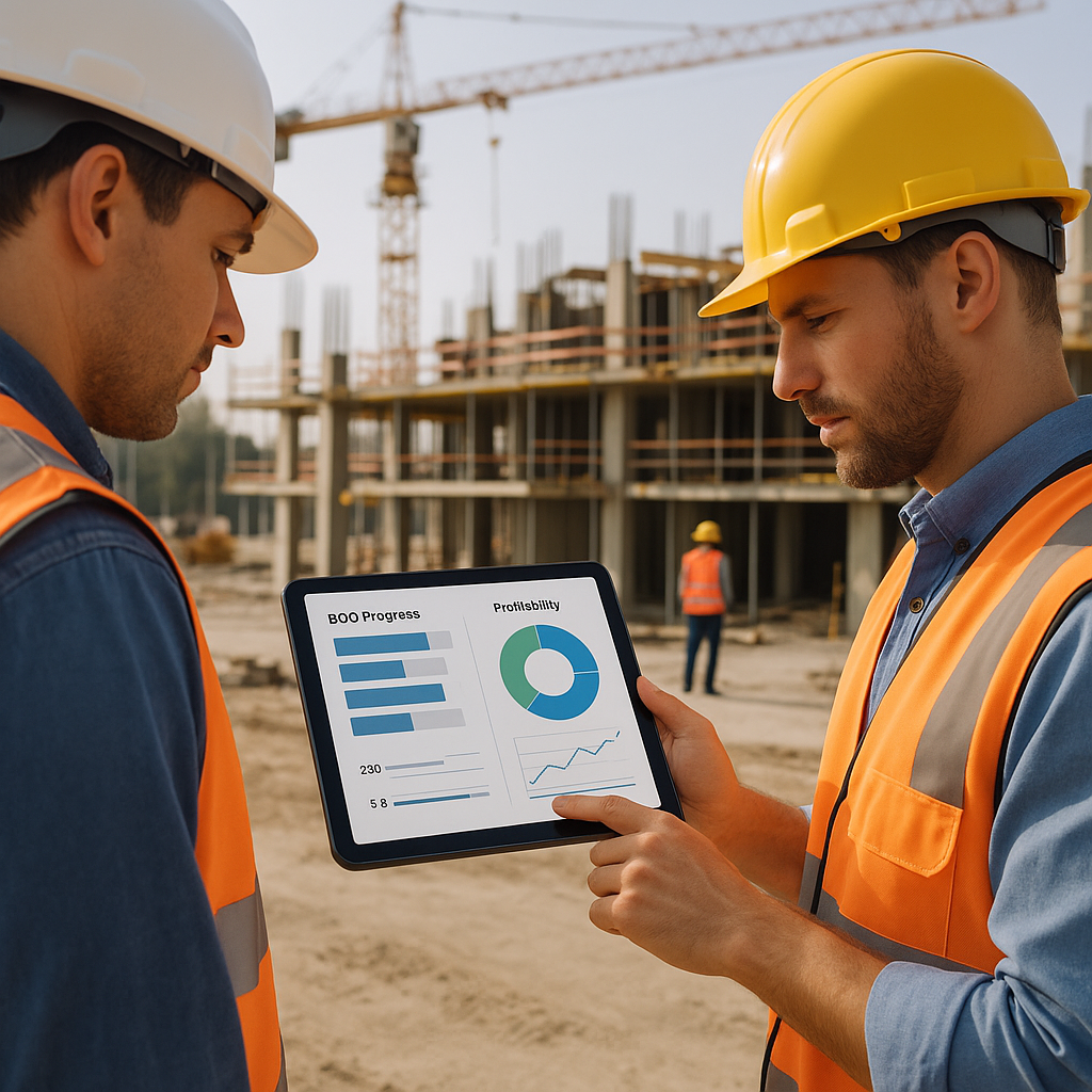 A construction site with workers using tablets to monitor real-time project dashboards, showing BOQ progress and profita...