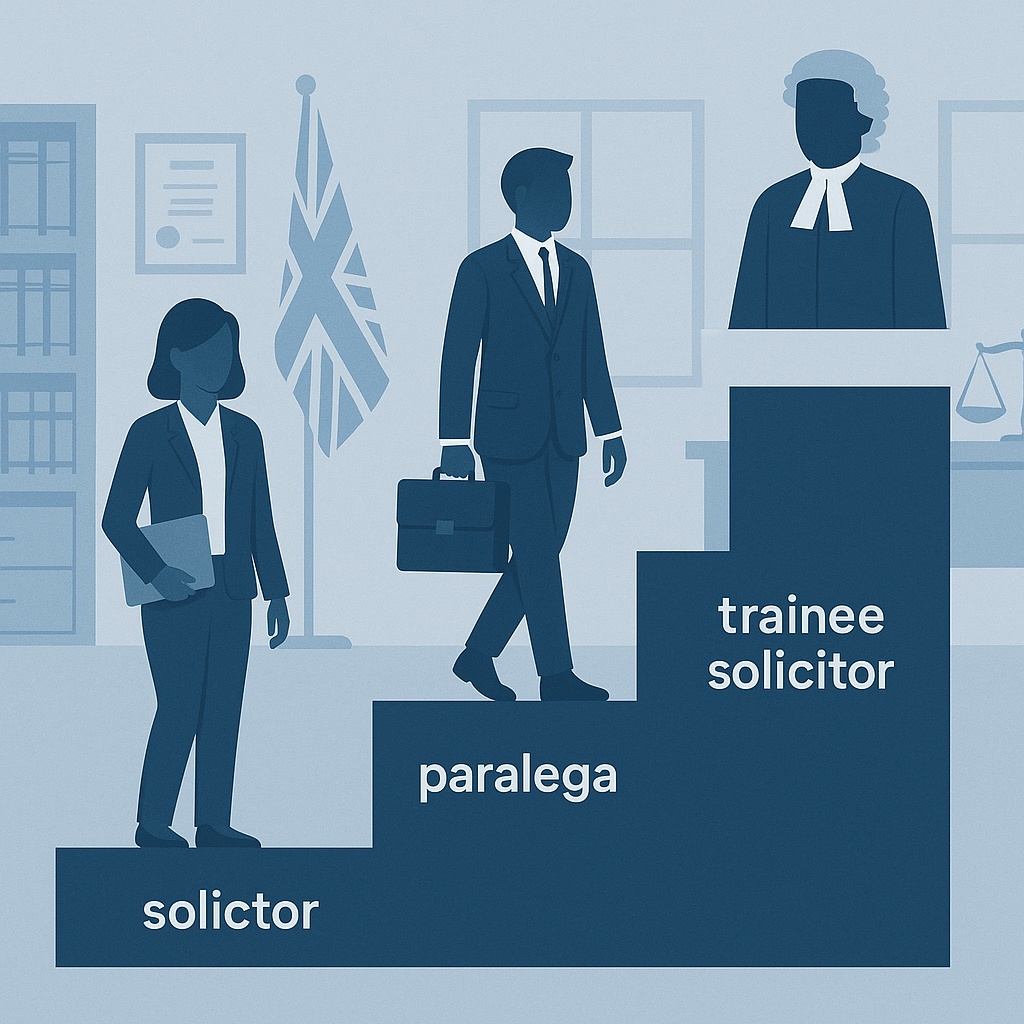 A professional illustration showing a career ladder in law, with icons for paralegal, trainee solicitor, and solicitor r...