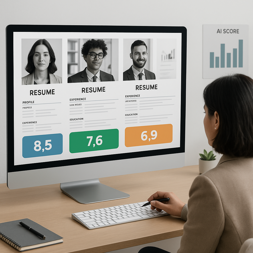 An HR professional reviewing a gender-diverse team’s resumes on a computer screen, with AI-driven scorecards displayed i...