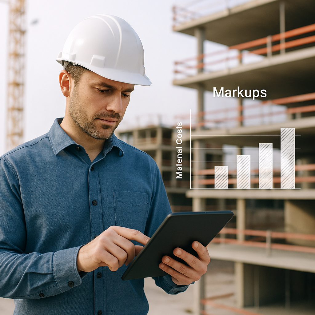 A contractor in a hard hat analyzing material costs on a tablet, with a construction site in the background and a chart...