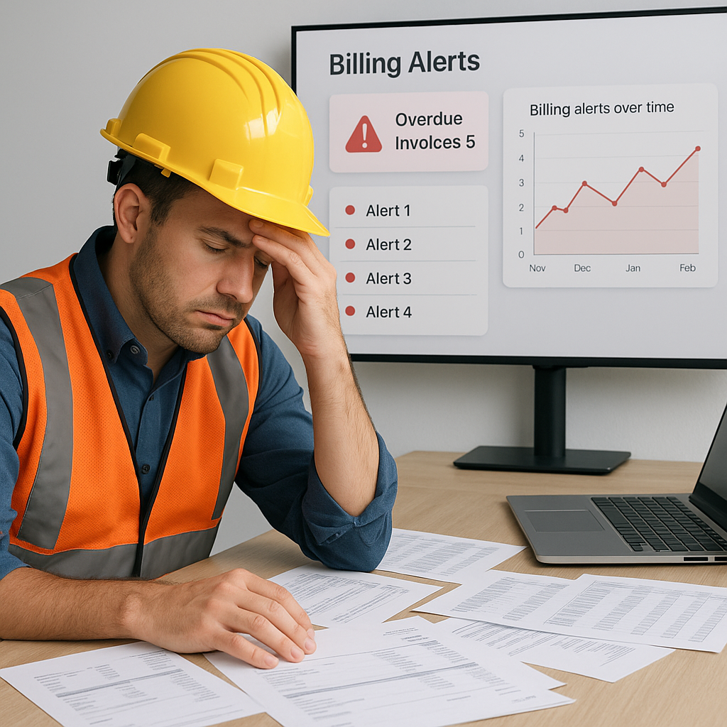 A frustrated construction manager sitting at a desk filled with invoices and spreadsheets, with a digital dashboard show...