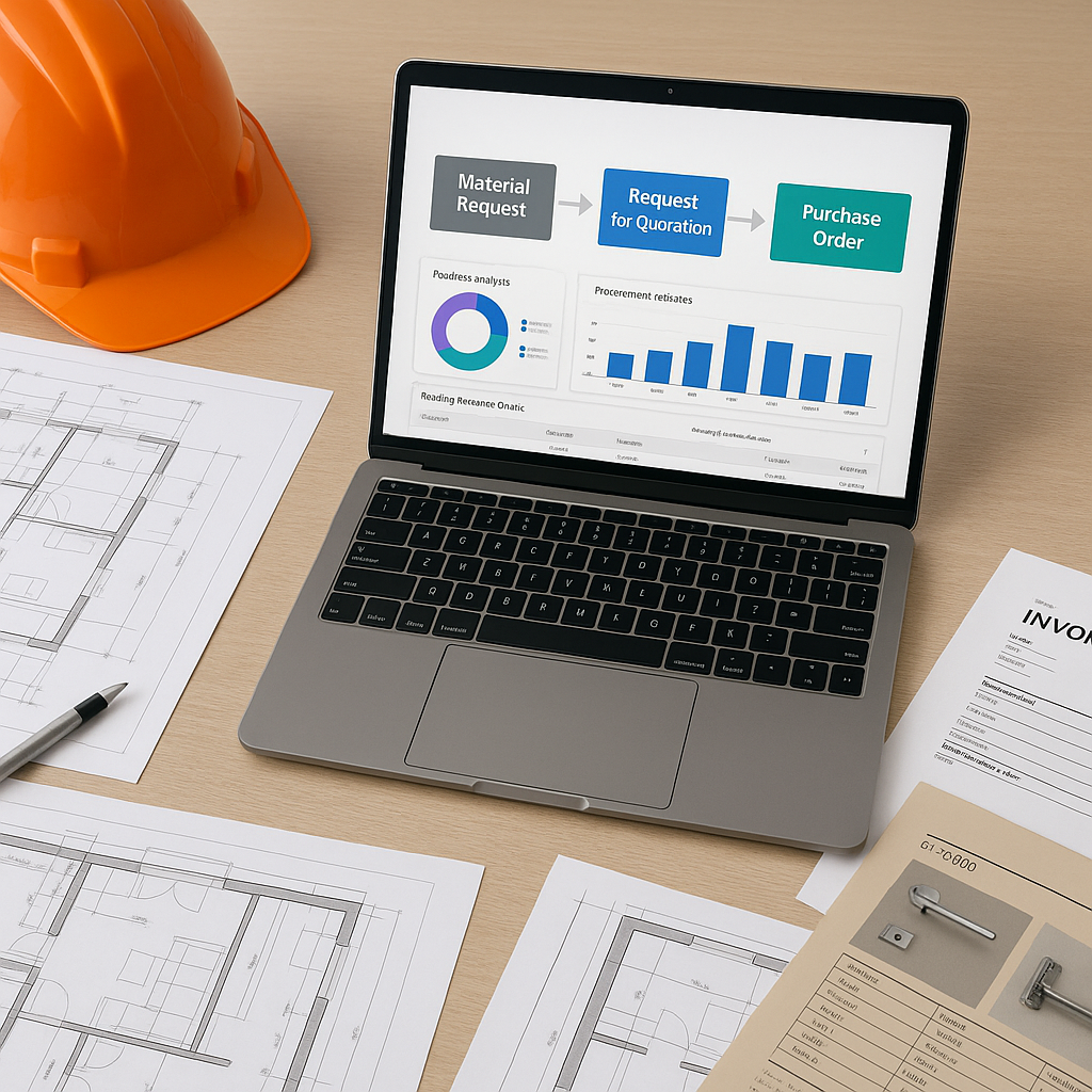 A construction contractor's desk with a laptop open to an ERP dashboard showing procurement workflows (MR, RFQ, PO), sur...
