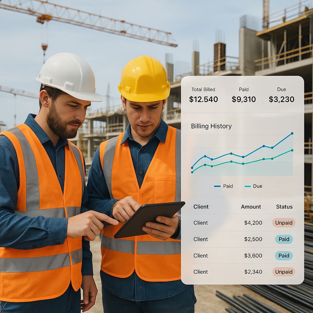 A construction site with workers recording measurements on a tablet, overlaid with a digital dashboard showing billing d...