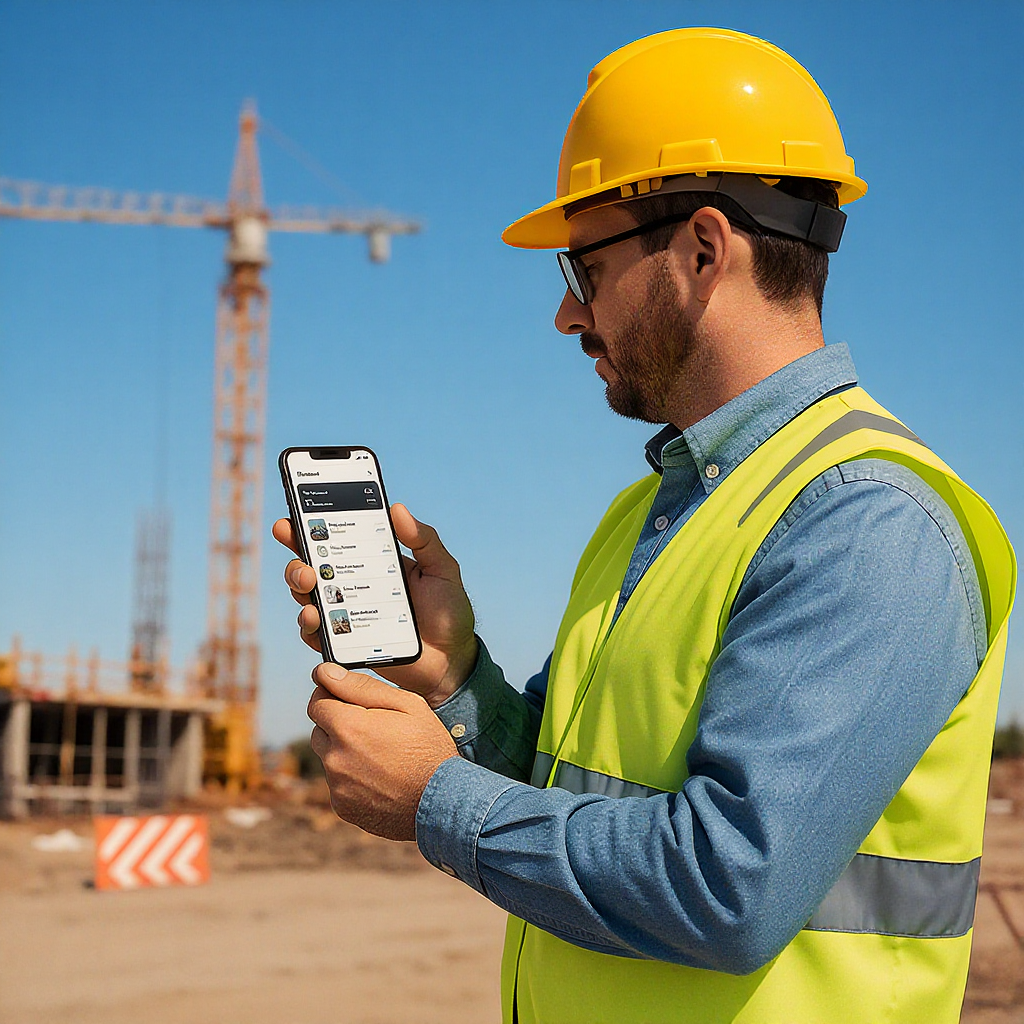 A contractor using a mobile app on-site to capture survey data, with a construction site and clear blue sky in the backg...