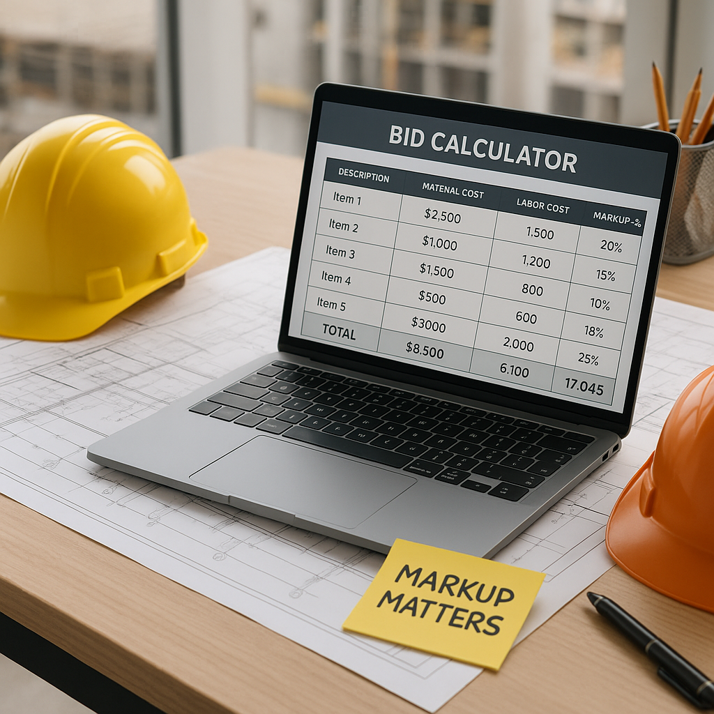 A detailed image of a construction site office desk with blueprints, a laptop showing a bid calculator tool, and a note...