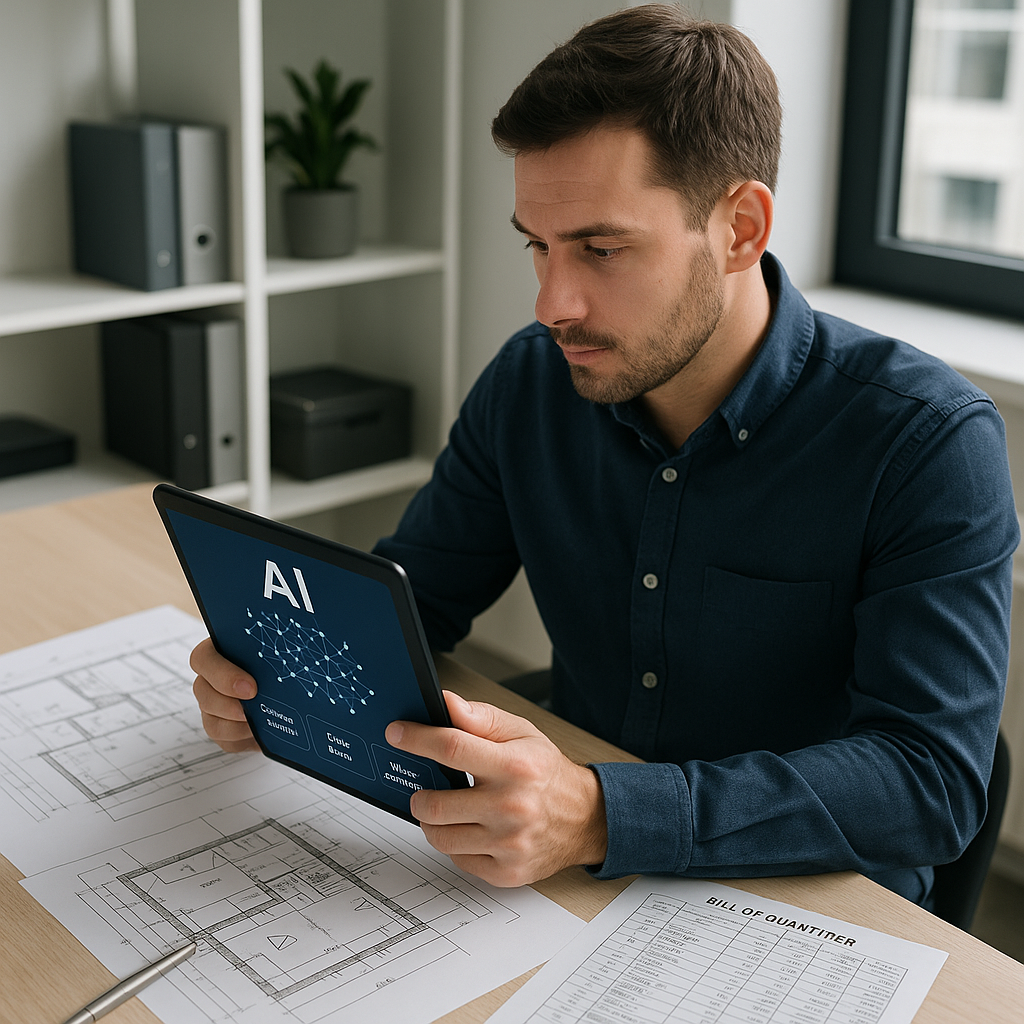A construction estimator using AI software on a tablet, with architectural drawings and BOQs on the desk. Modern office...