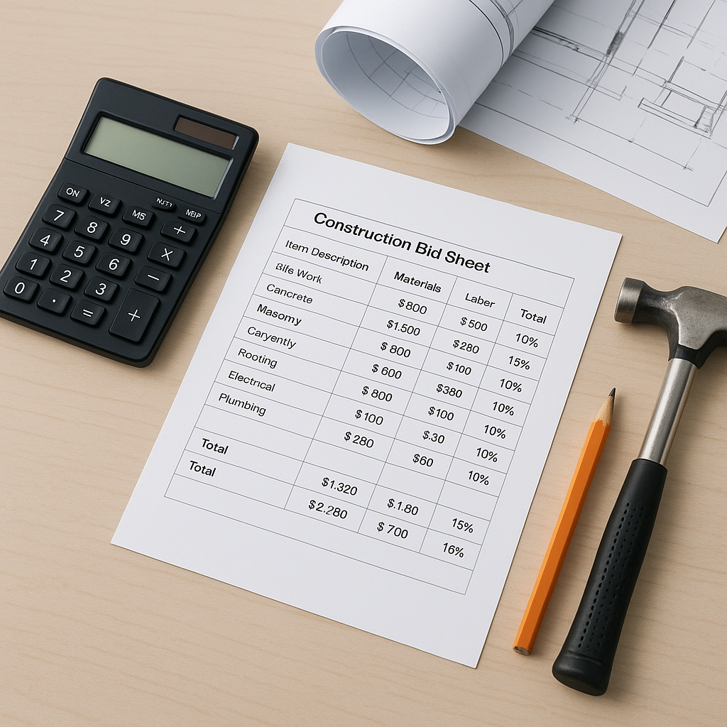 A construction bid sheet on a contractor's desk, showing detailed cost breakdowns with markup percentages highlighted, s...