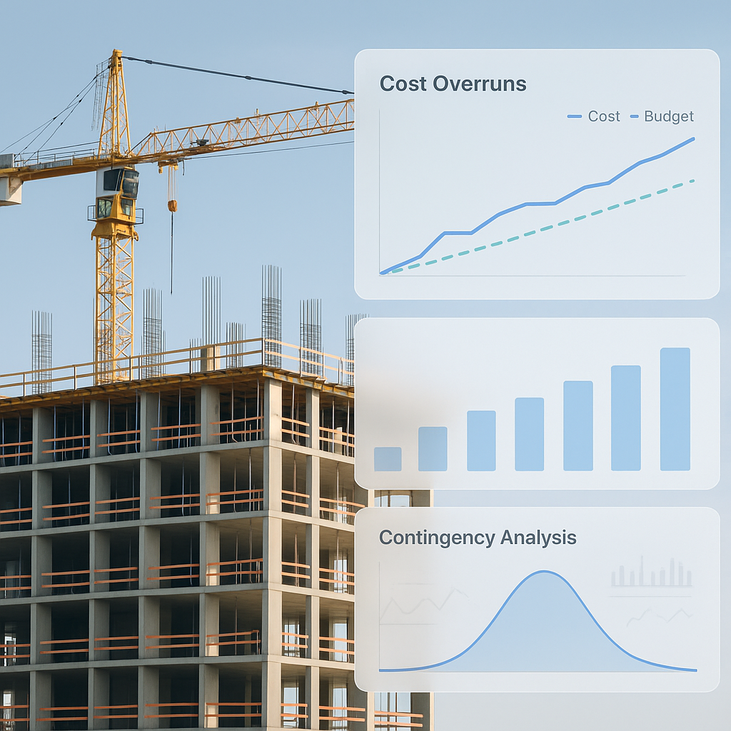 A construction site with overlayed financial charts showing cost overruns and contingency analysis, emphasizing the use...
