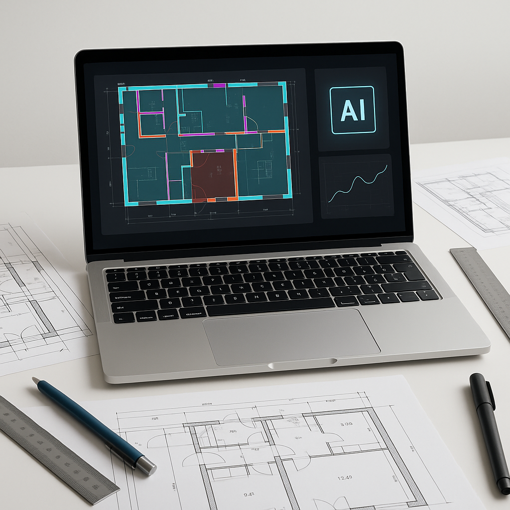 A construction estimator's desk with a laptop showing AI software analyzing a digital blueprint, surrounded by tradition...