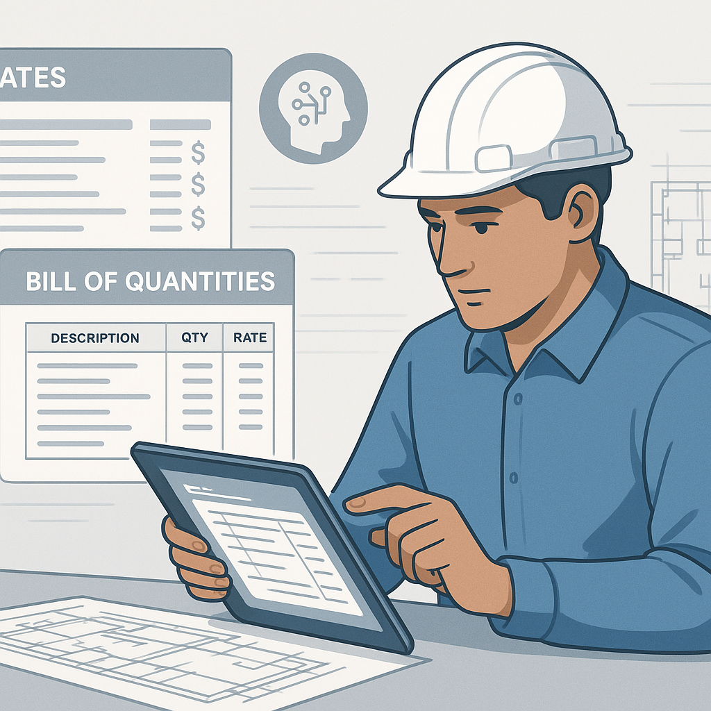 An AI-powered construction estimator reviewing a Bill of Quantities on a tablet, with digital rate catalogs and project...