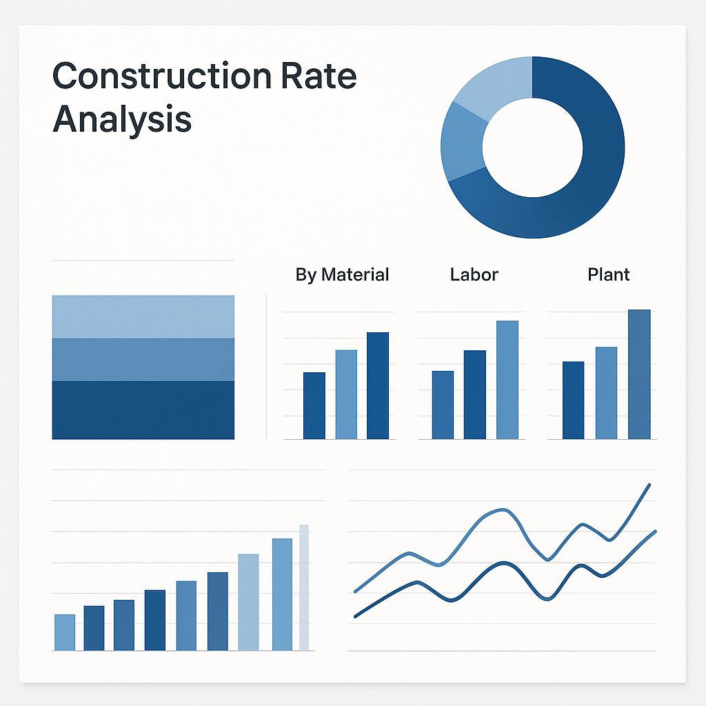 A digital dashboard showing construction rate analysis breakdown by materials, labor, and plant components, with graphs...