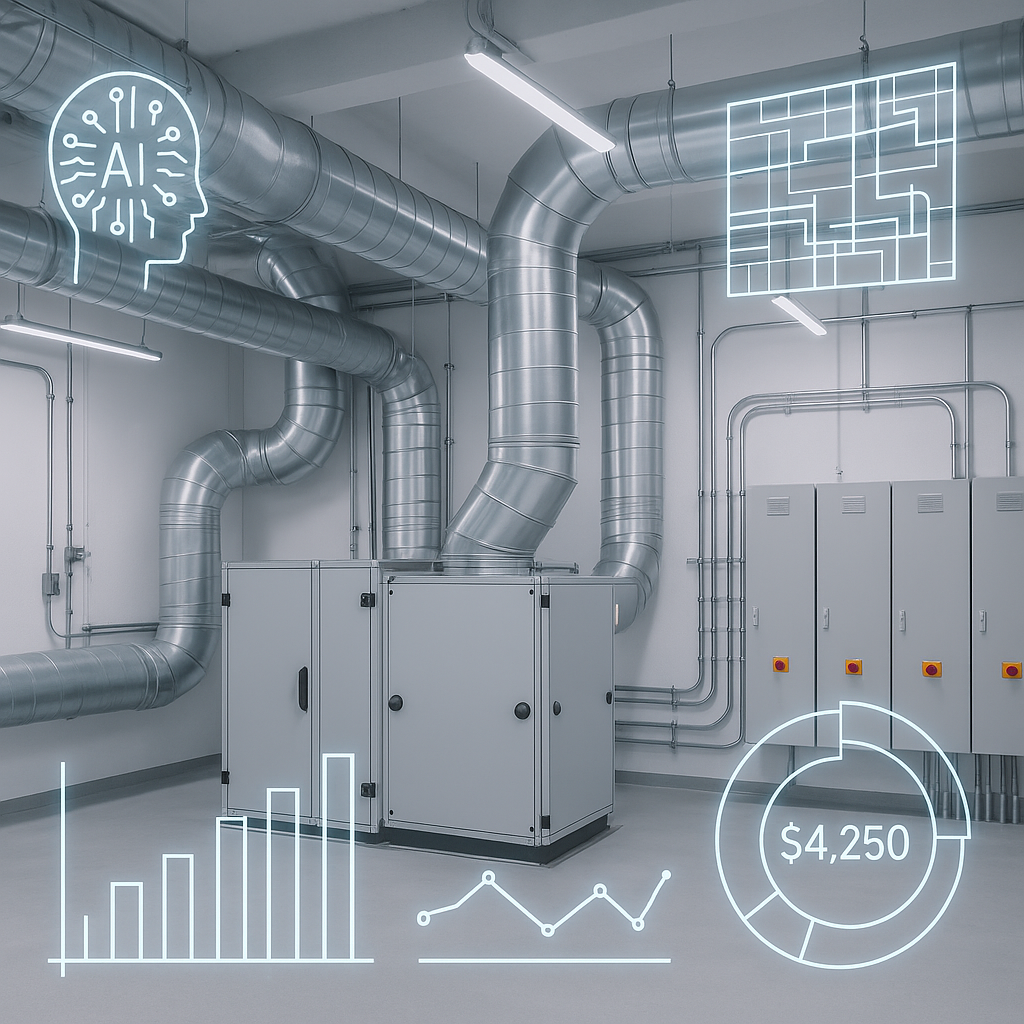 A modern mechanical room filled with HVAC ductwork and electrical panels, overlaid with digital AI graphics analyzing co...