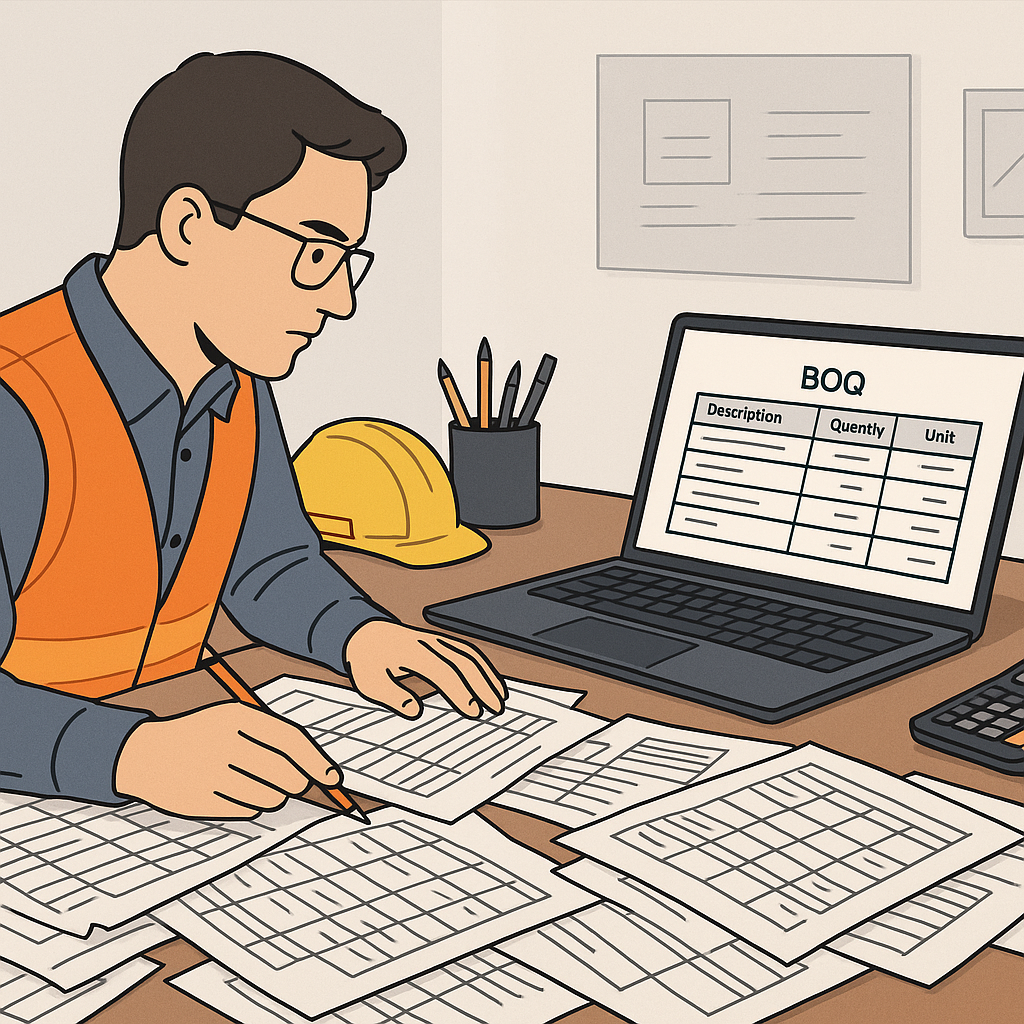 A detailed illustration of a construction estimator working on a cluttered desk with messy BOQ sheets, contrasted by a c...