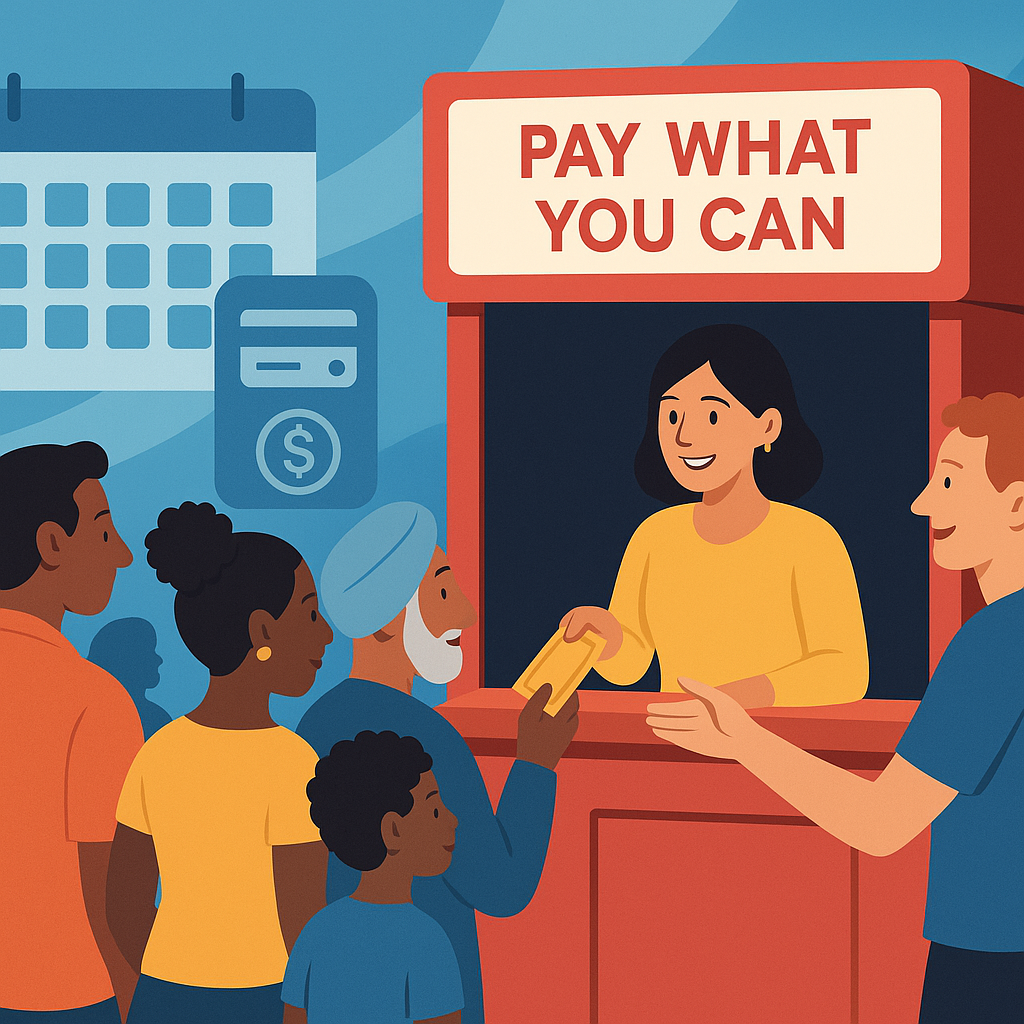 A vibrant community event with diverse attendees, showing a ticket booth labeled 'Pay What You Can,' set against a moder...