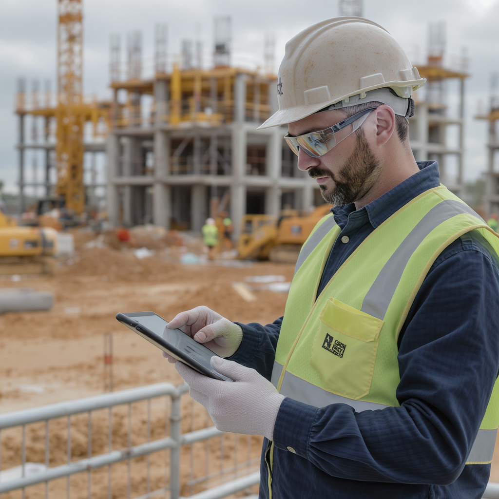 A construction site with a contractor holding a tablet, actively inputting data into an app. Visible in the background:...