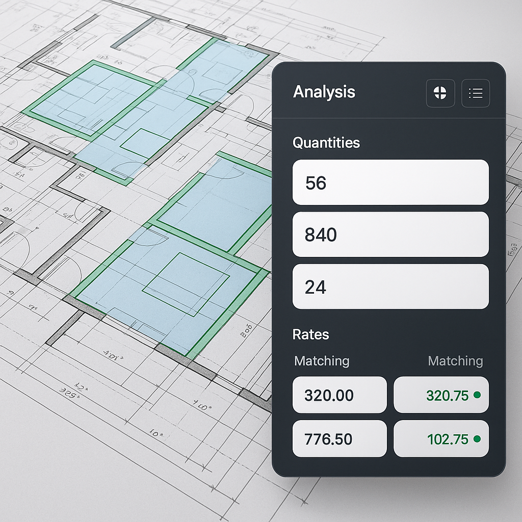 A detailed image of construction blueprints with AI-driven analysis overlays (highlighted areas, extracted quantities, m...