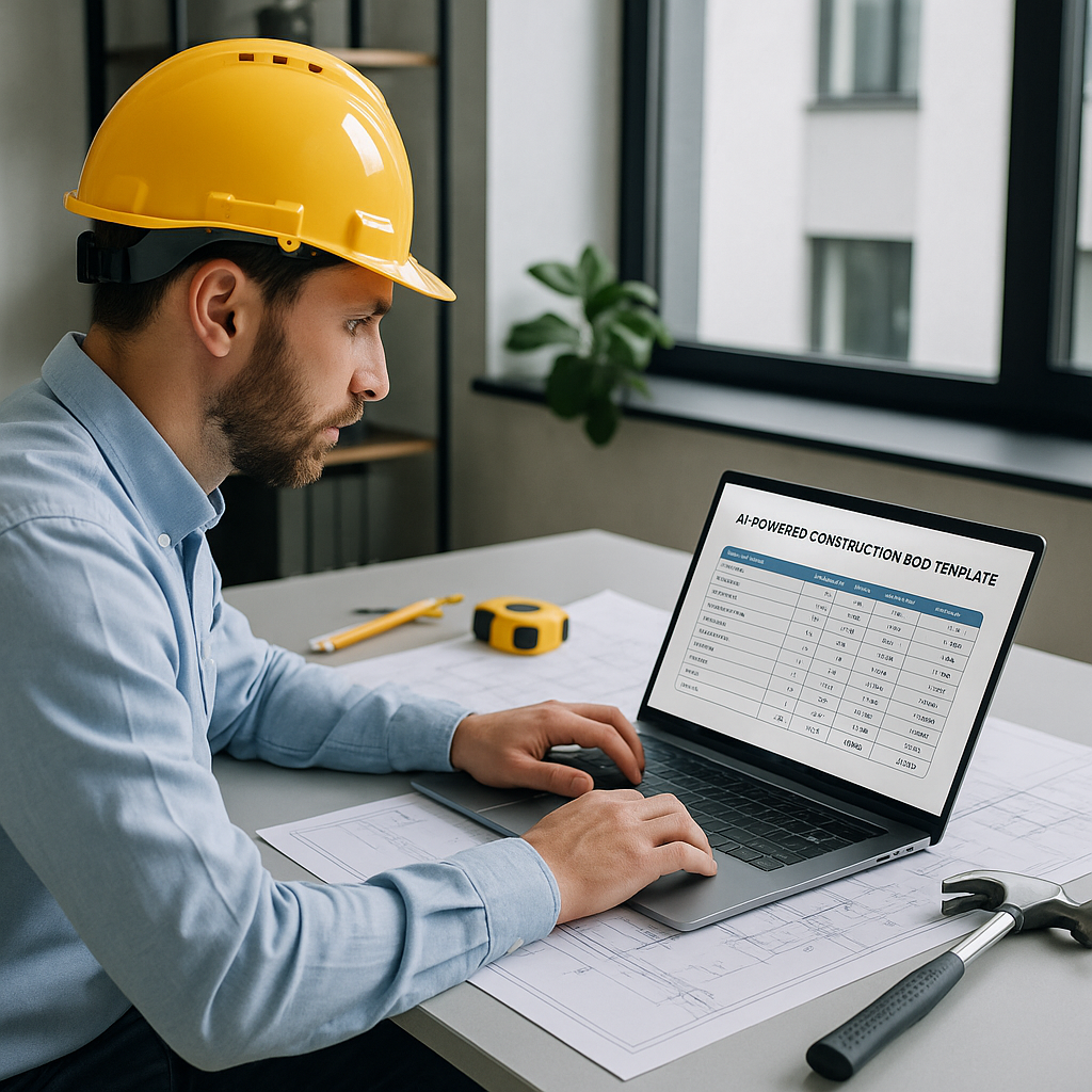 A contractor reviewing an AI-powered construction BOQ template on a laptop, surrounded by blueprints and tools in a mode...