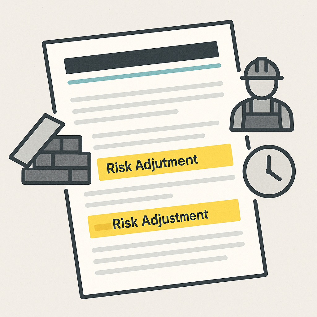 An illustrated construction bid document with highlighted 'Risk Adjustment' sections, overlaid with icons for materials,...