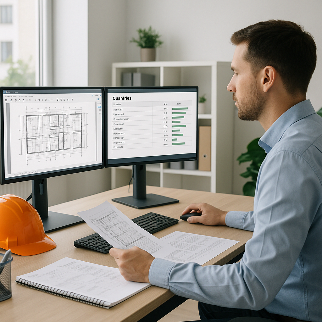 A construction estimator at a desk, reviewing PDFs on one screen while an AI-powered software displays auto-extracted qu...