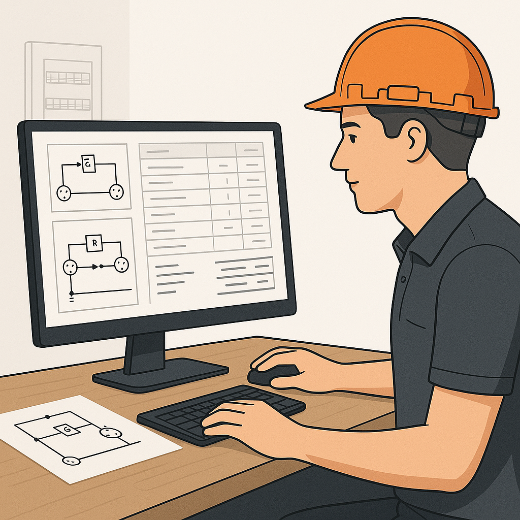 A detailed illustration of an electrical contractor working on a computer with a digital BOQ template on screen, showing...