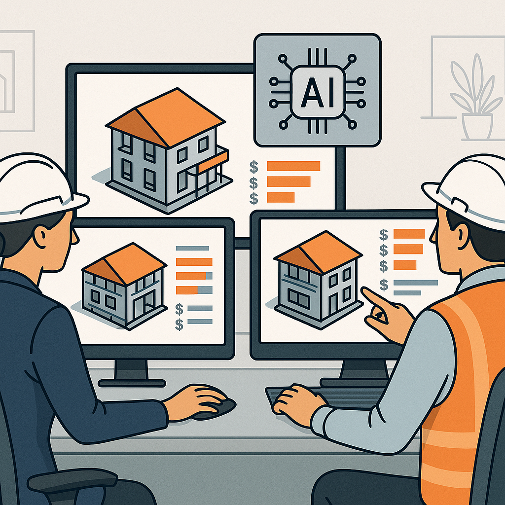 A detailed illustration showing construction estimators using AI-powered tools on large monitors, reviewing 3D drawings...