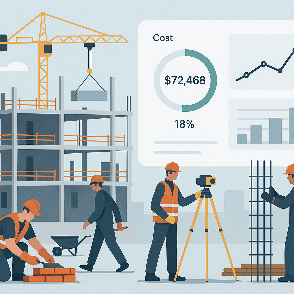 A detailed illustration of a construction site with multiple subcontractors and a digital dashboard overlay showing cost...