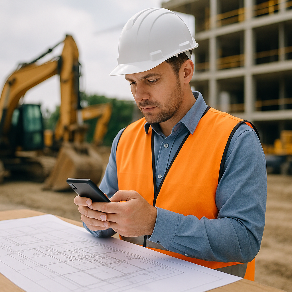 A contractor on-site using a smartphone app to input BOQ details, with construction equipment and blueprints visible in...