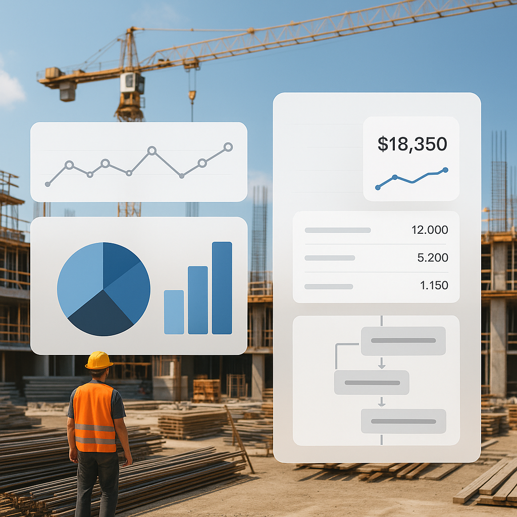 A construction site with financial dashboards and billing workflows visualized digitally, emphasizing data accuracy and...