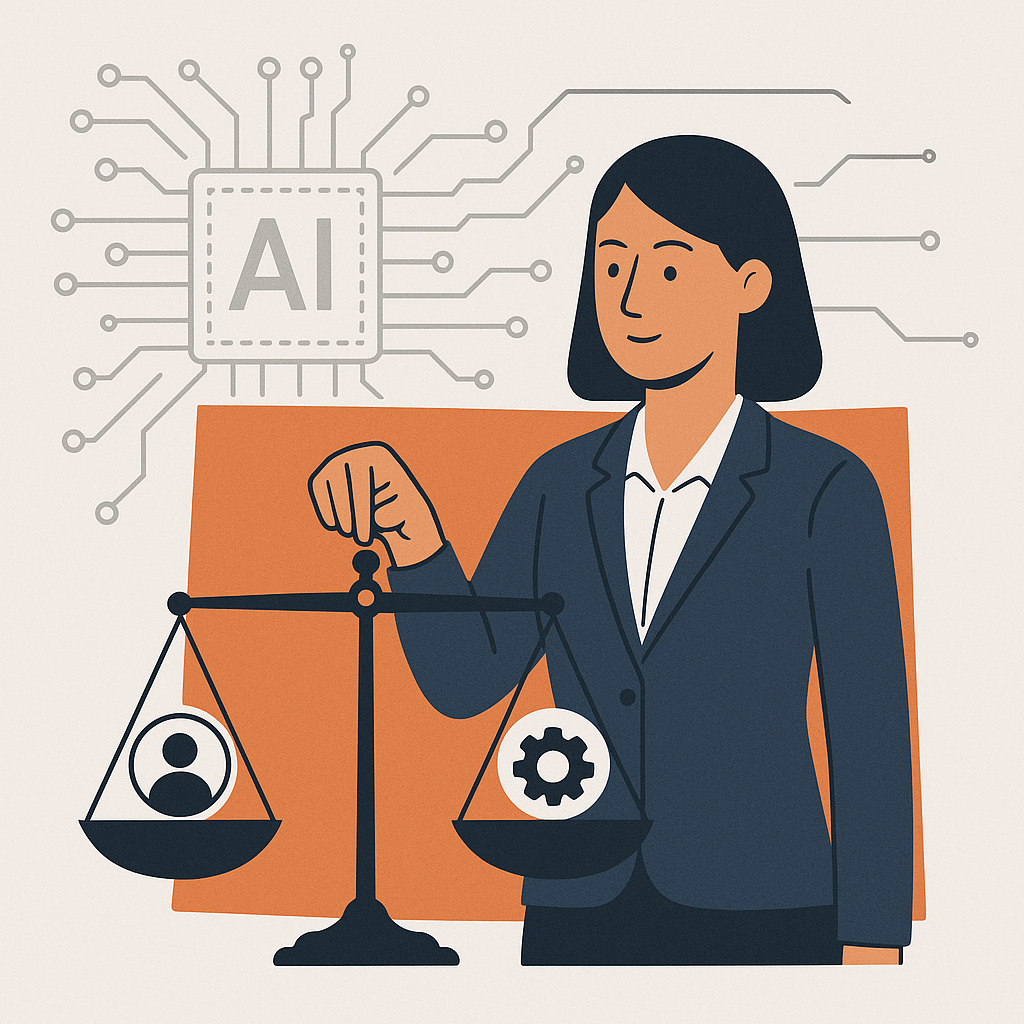 An illustration of a recruiter balancing scales, symbolizing fairness, with AI algorithms depicted in the background and...