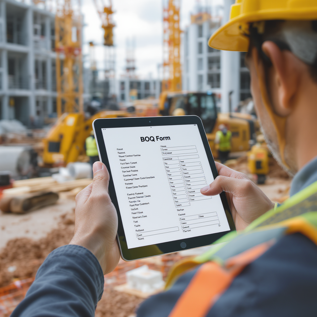 A busy construction site with a contractor holding a tablet, showing a digital BOQ form on the screen. Workers and equip...