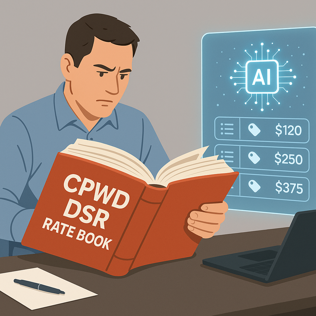A busy estimator flipping through a massive CPWD DSR rate book, contrasted with a glowing AI interface displaying rate m...