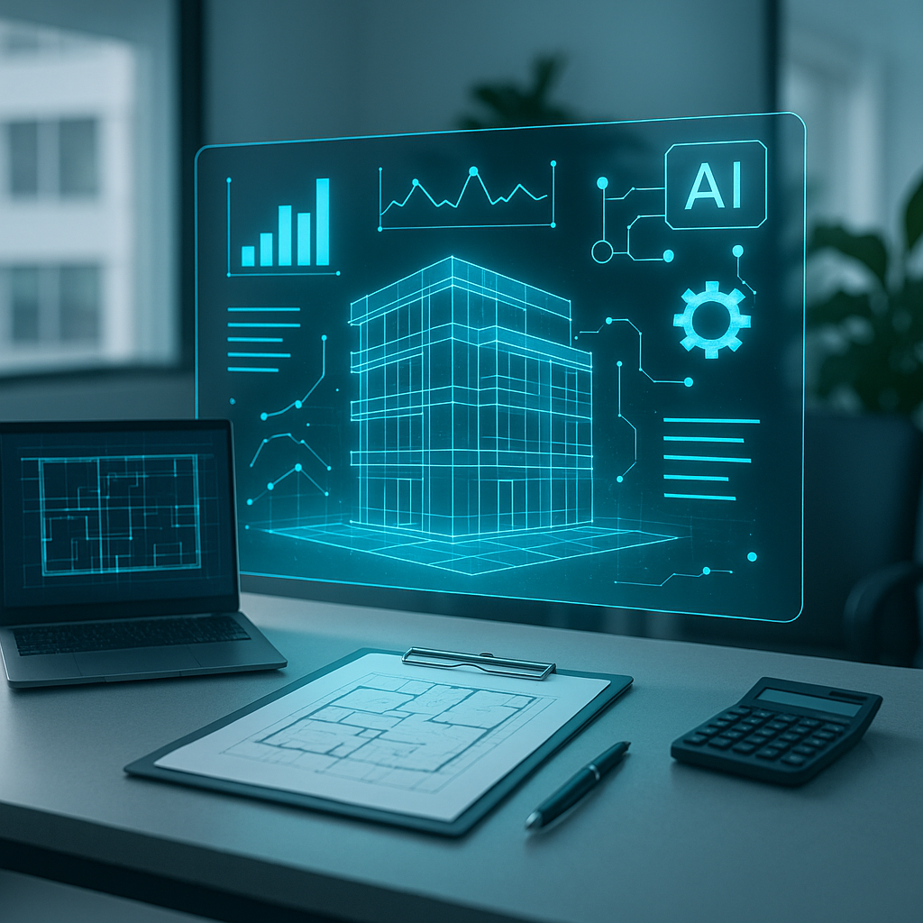 A futuristic construction estimator's desk with a glowing holographic display showing building plans and AI analysis ove...