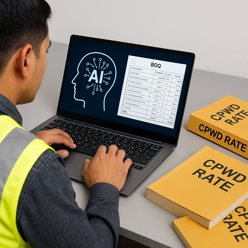 A construction estimator working on a laptop with AI-powered software, CPWD rate books scattered nearby, and a BOQ file...